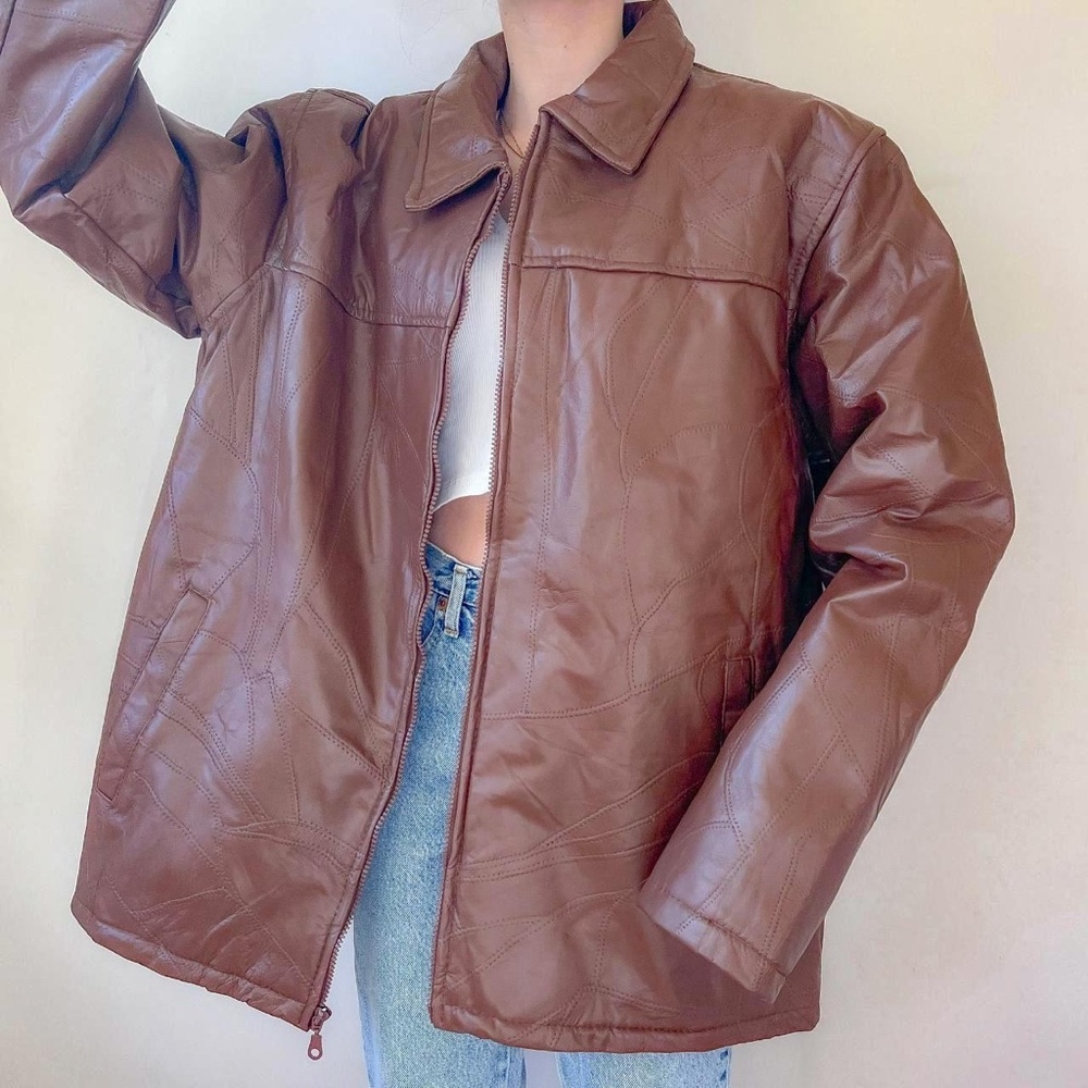 Vintage 80s/90s Chestnut Brown Collared Leather Bomber Jacket ✨